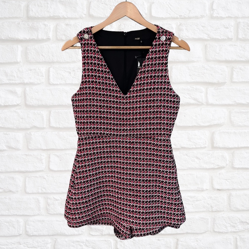 BNWT - Maje Iroma Playsuit 38/US 6 in Rouge Tweed Romper Black White and Red